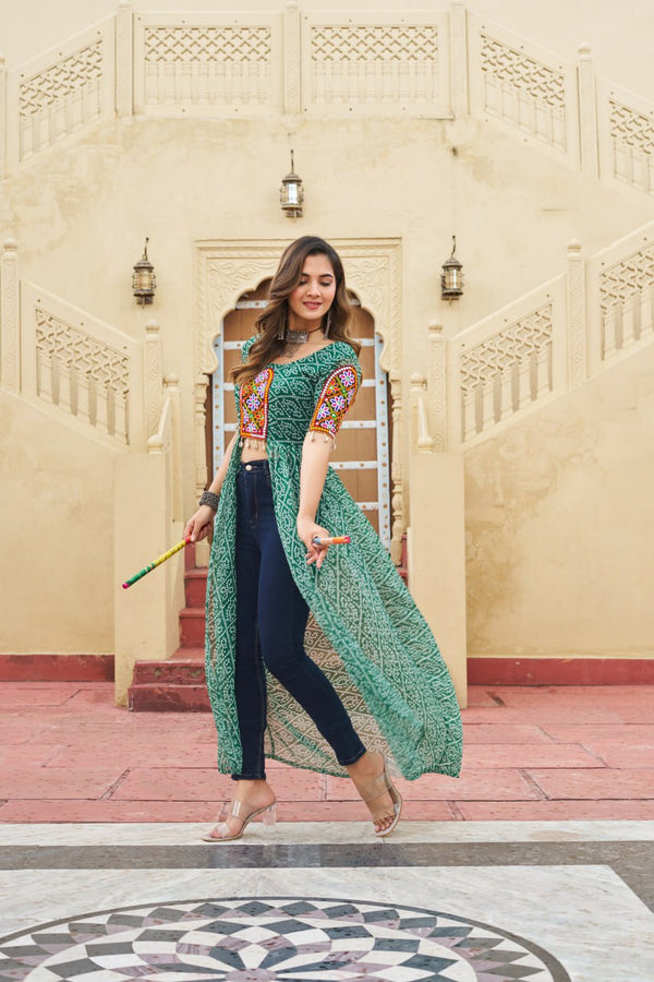 Green Bandhani Print Faux Georgette Kurti with Kutchi Patchwork ClothsVilla