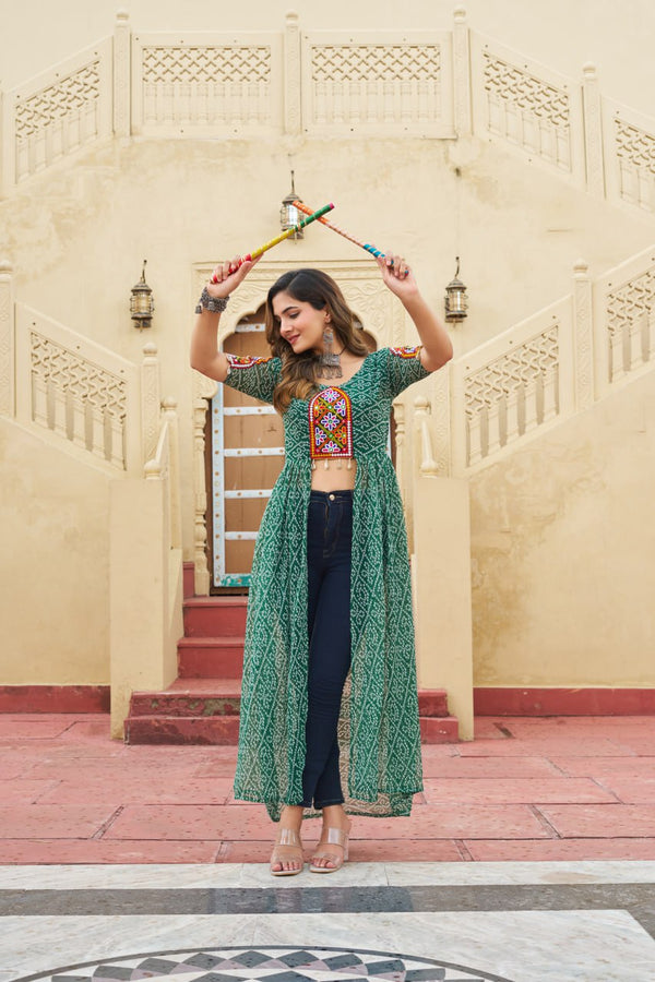 Green Bandhani Print Faux Georgette Kurti with Kutchi Patchwork ClothsVilla