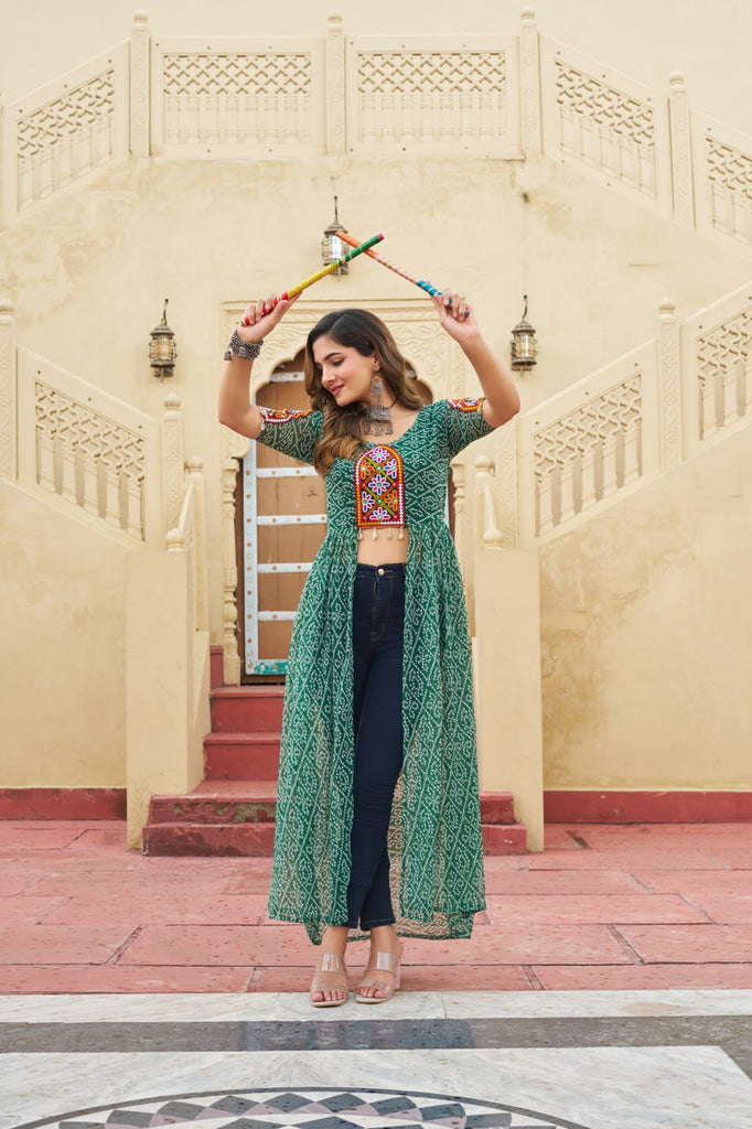 Green Bandhani Print Faux Georgette Kurti with Kutchi Patchwork ClothsVilla