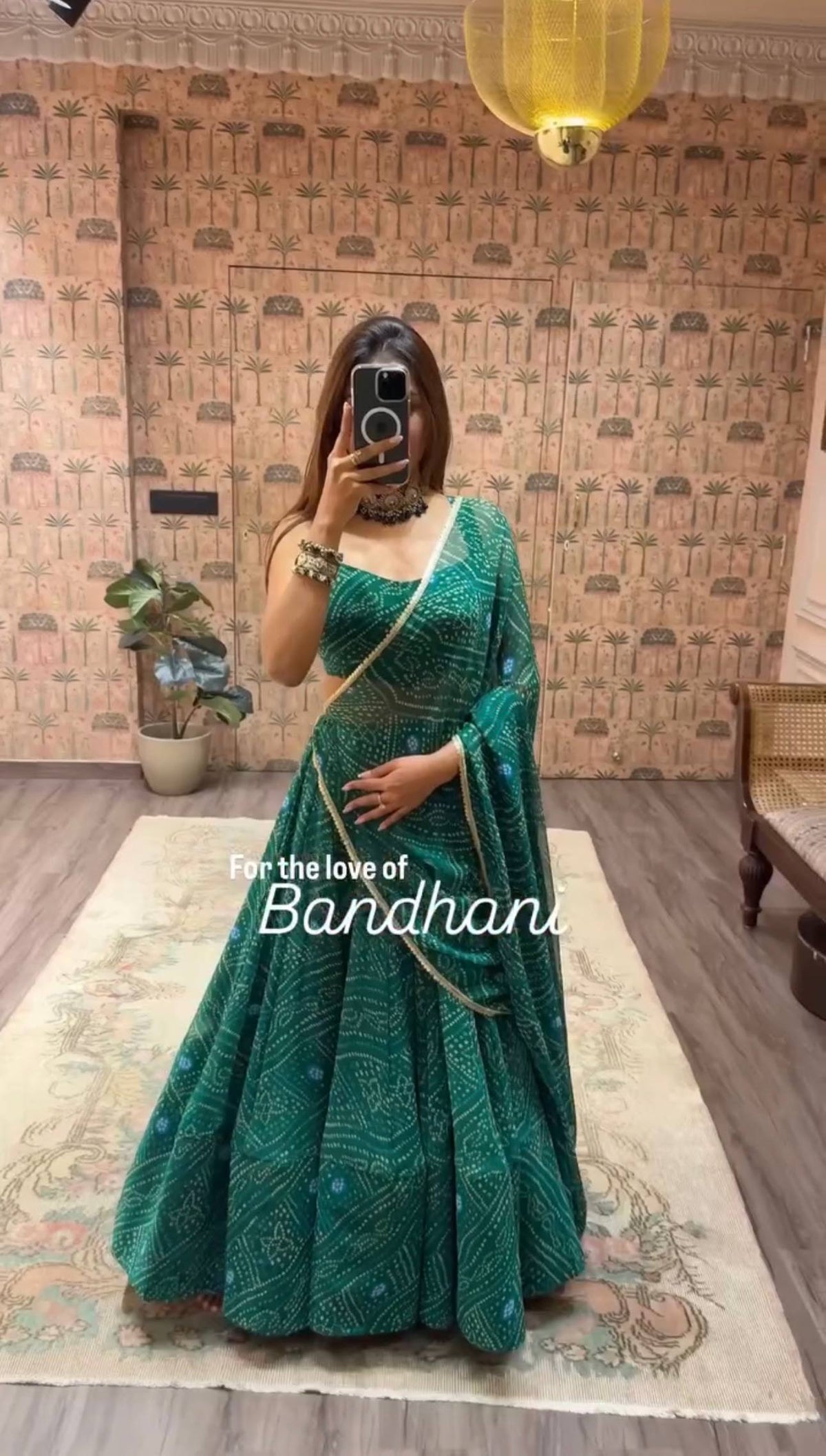 Green Bandhani Print Faux Georgette Lehenga Choli Set with Dupatta –Navratri Special Festive Wear ClothsVilla Main image