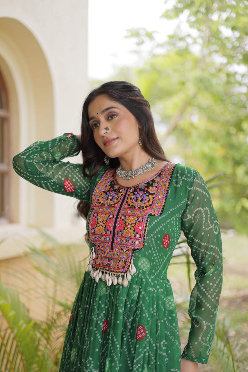 Green Bandhani Print Gown ClothsVilla