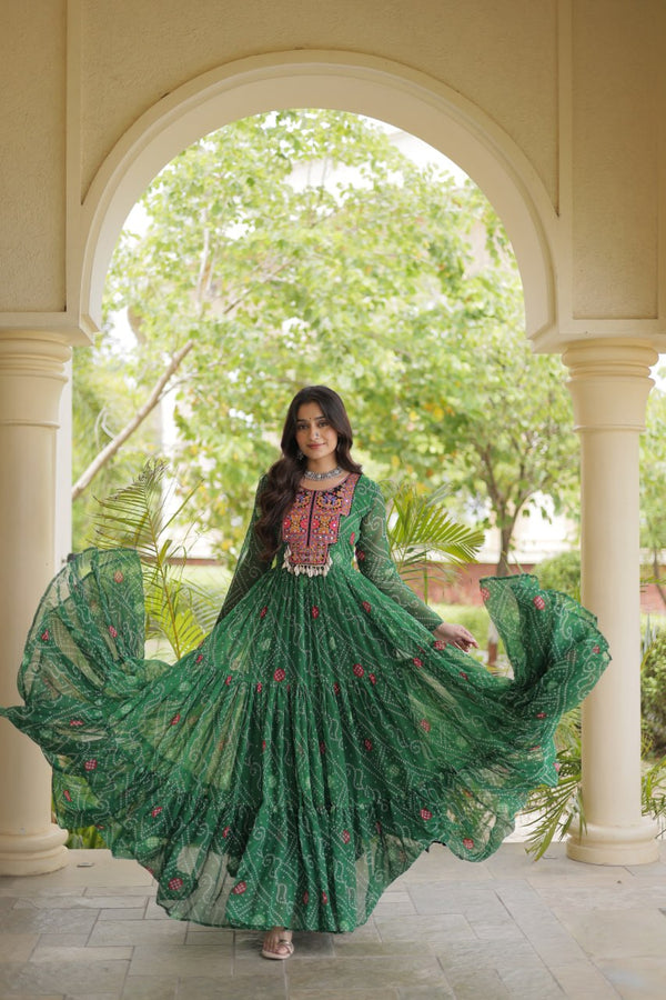 Green Bandhani Print Gown ClothsVilla