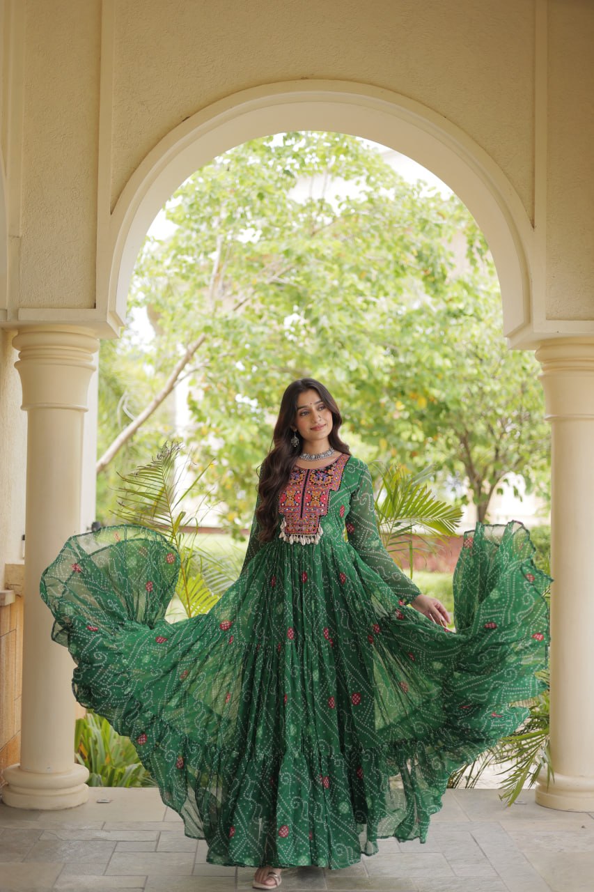 Green Bandhani Print Gown ClothsVilla