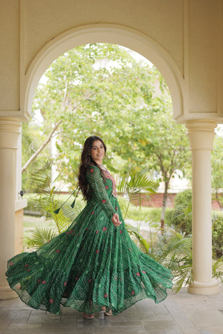 Green Bandhani Print Gown ClothsVilla