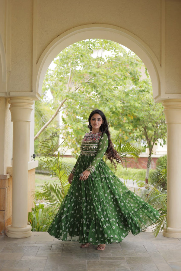 Green Bandhani Print Gown ClothsVilla