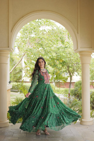 Green Bandhani Print Gown ClothsVilla