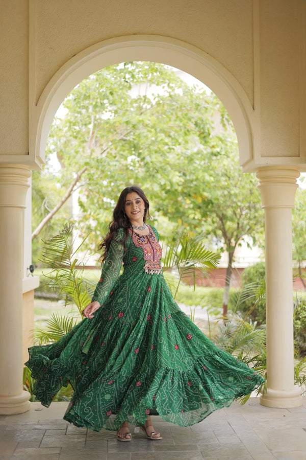 Green Bandhani Print Gown ClothsVilla