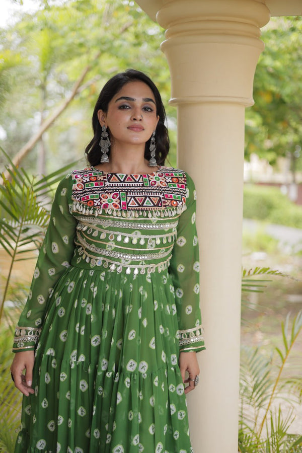 Green Bandhani Print Gown ClothsVilla