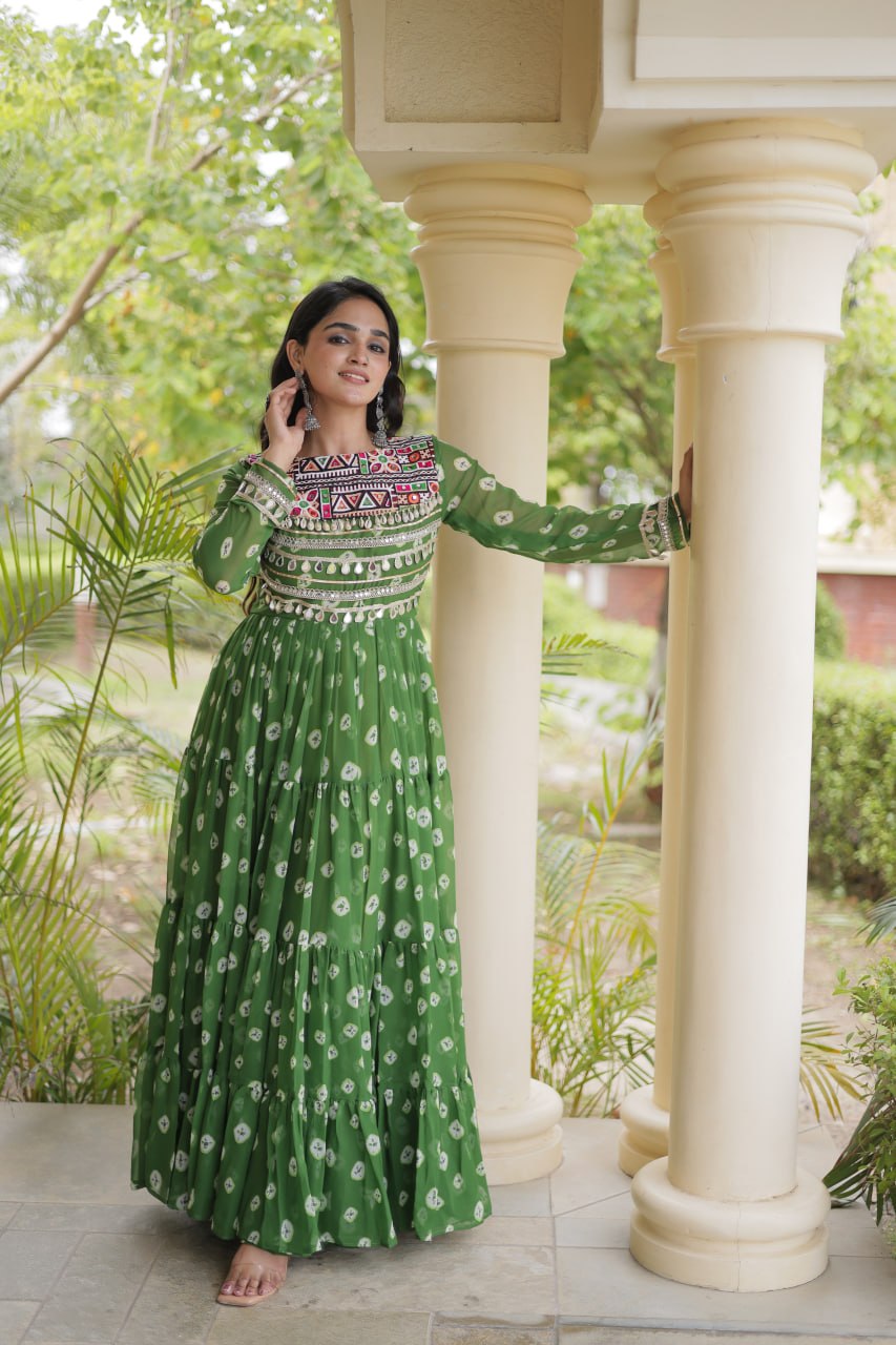 Green Bandhani Print Gown ClothsVilla