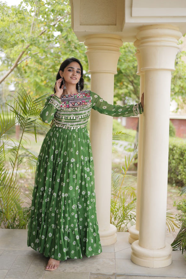 Green Bandhani Print Gown ClothsVilla