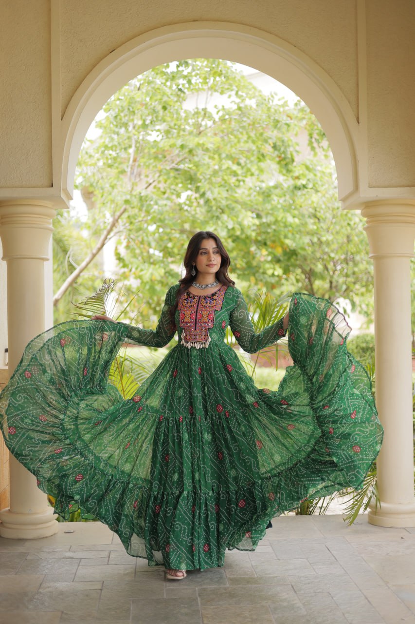 Green Bandhani Print Gown ClothsVilla