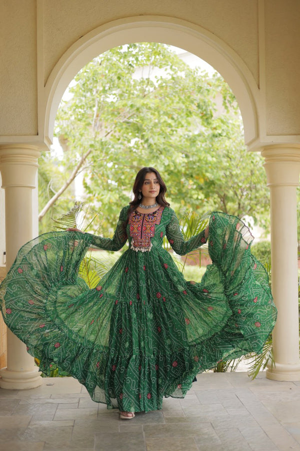 Green Bandhani Print Gown ClothsVilla