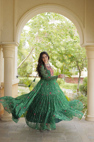 Green Bandhani Print Gown ClothsVilla