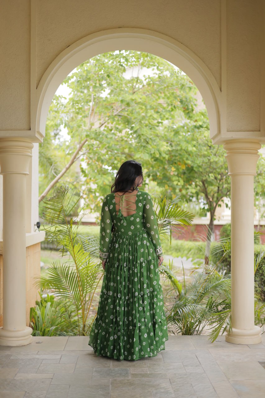 Green Bandhani Print Gown ClothsVilla