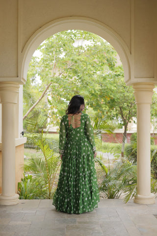 Green Bandhani Print Gown ClothsVilla