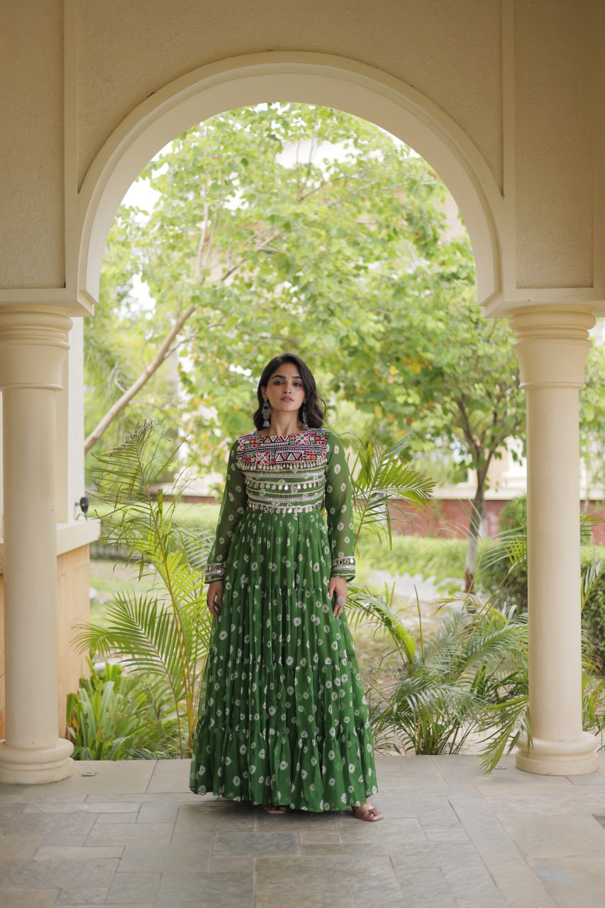 Green Bandhani Print Gown ClothsVilla