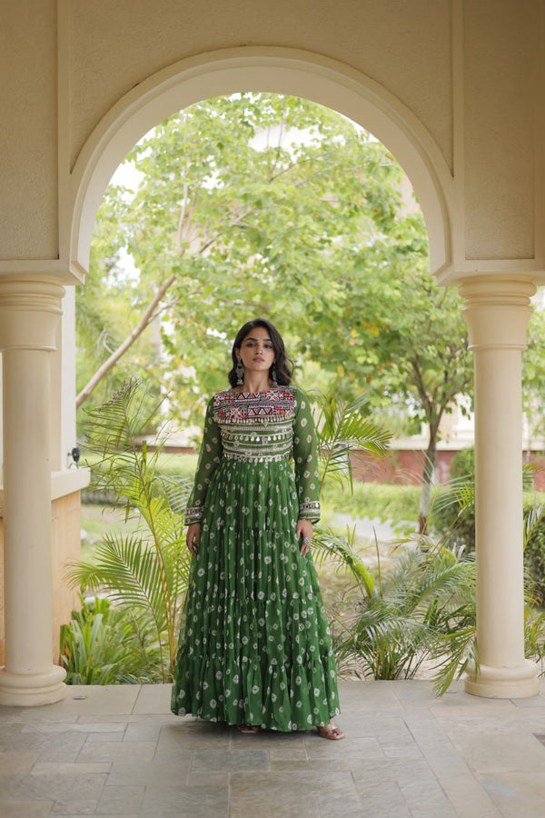 Green Bandhani Print Gown ClothsVilla