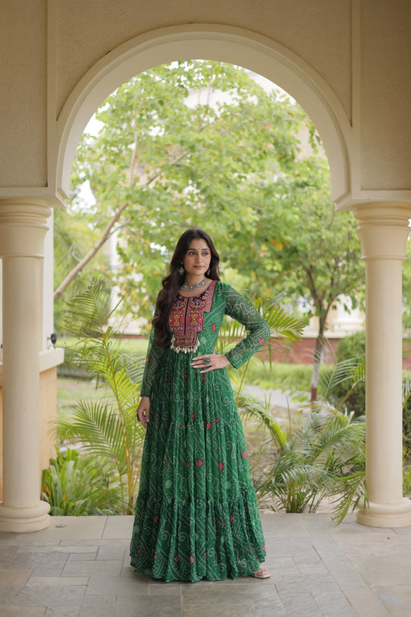Green Bandhani Print Gown ClothsVilla