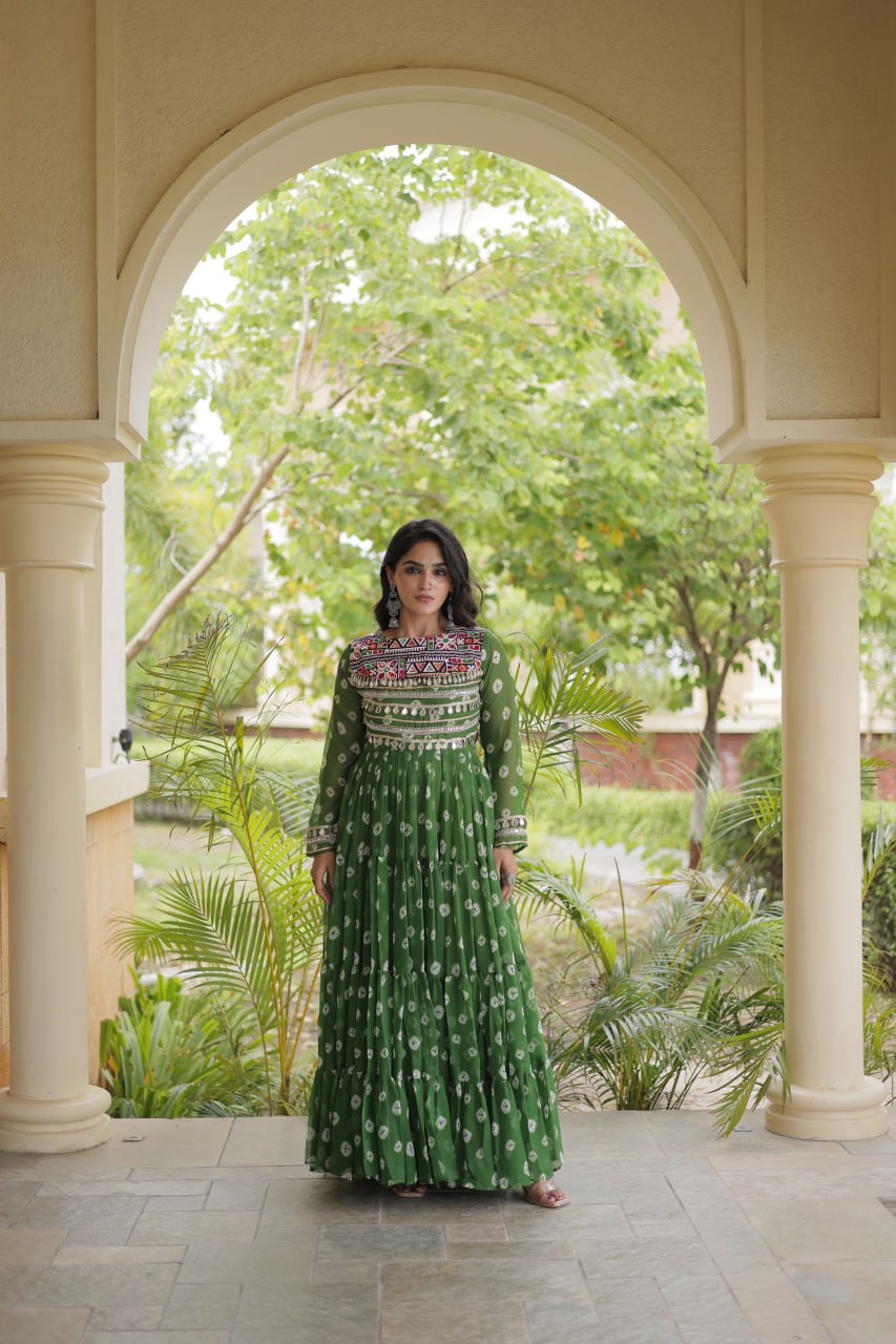 Green Bandhani Print Gown ClothsVilla