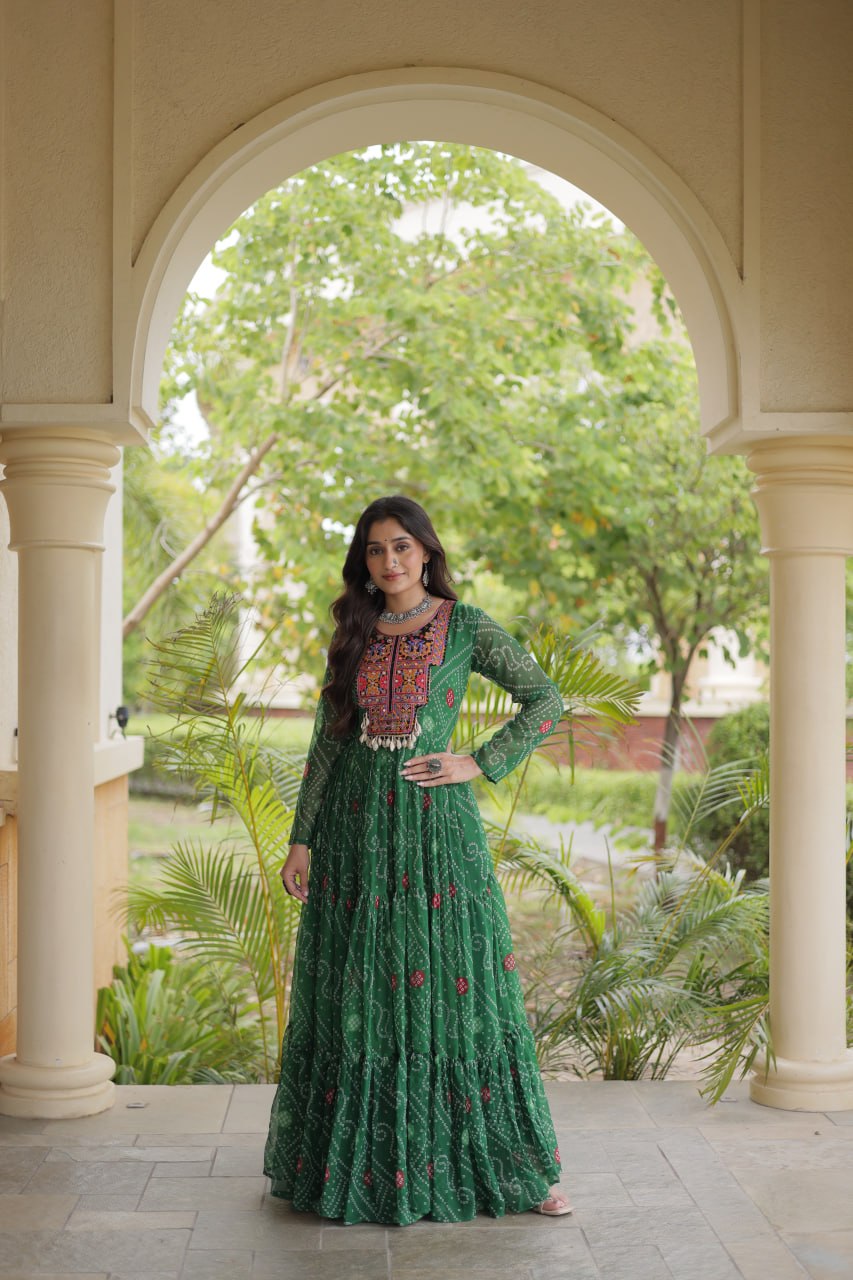 Green Bandhani Print Gown ClothsVilla