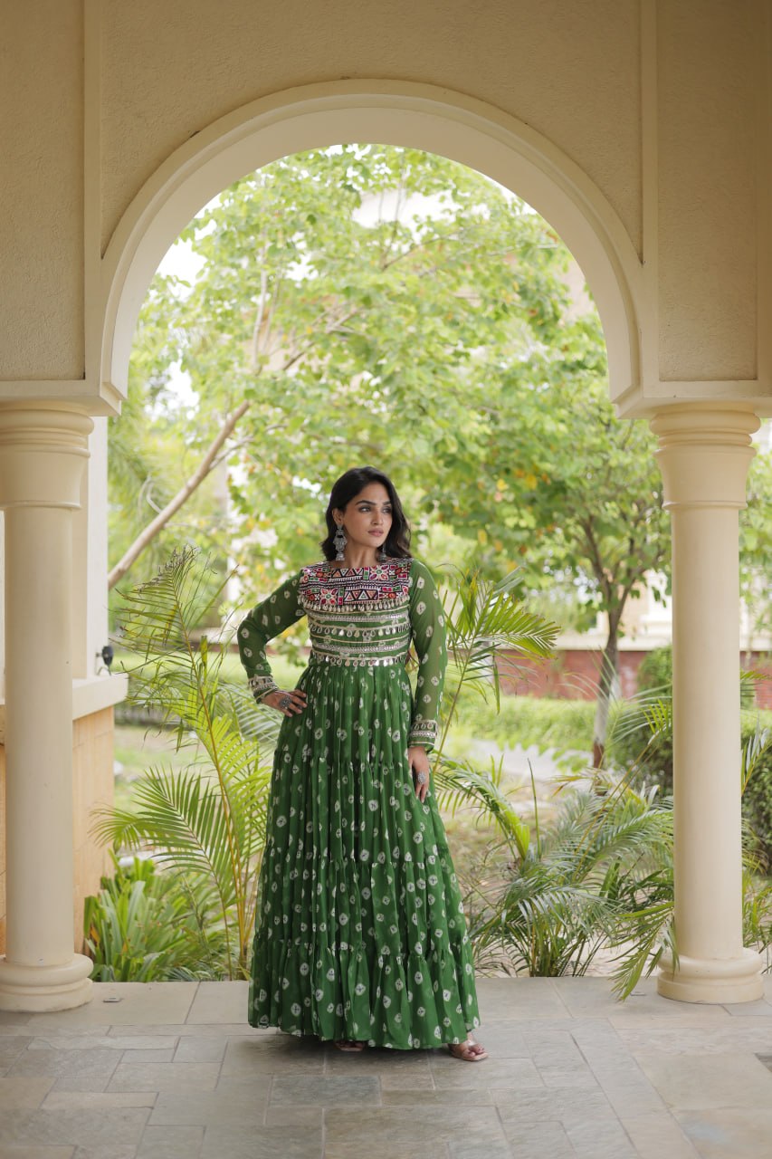 Green Bandhani Print Gown ClothsVilla