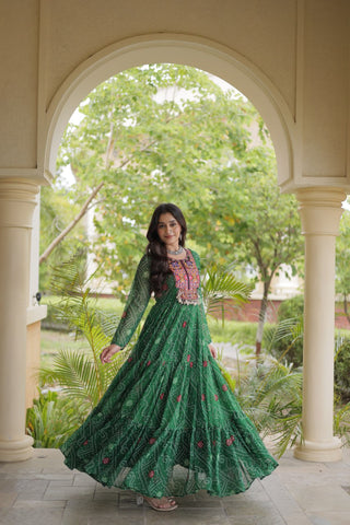 Green Bandhani Print Gown ClothsVilla