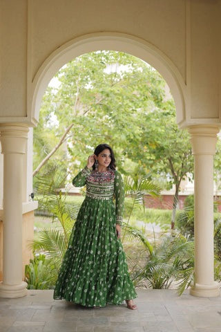 Green Bandhani Print Gown ClothsVilla