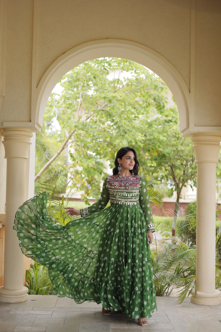 Green Bandhani Print Gown ClothsVilla