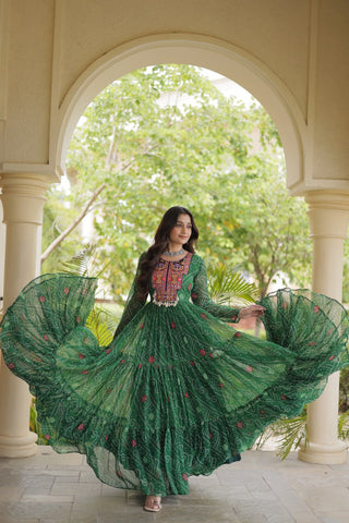 Green Bandhani Print Gown ClothsVilla