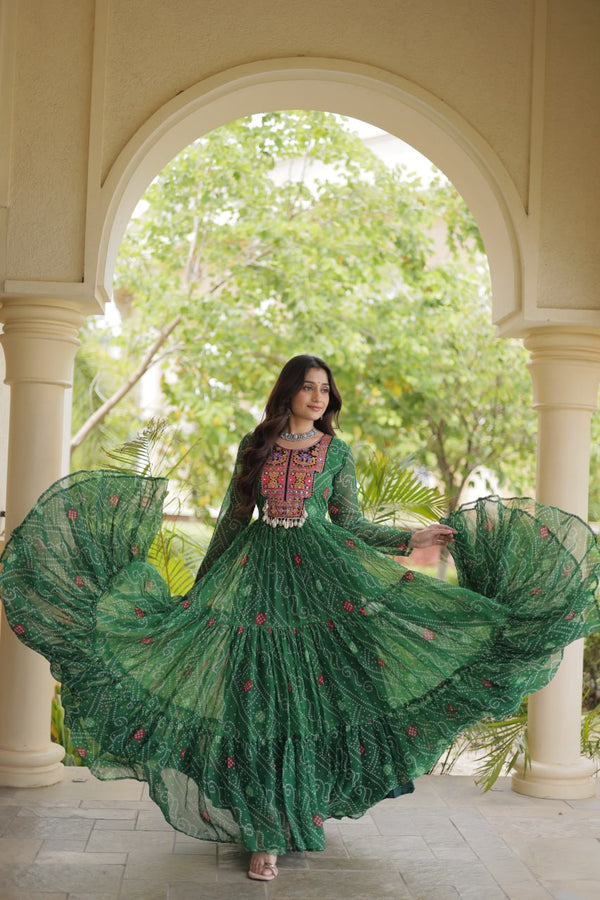 Green Bandhani Print Gown ClothsVilla
