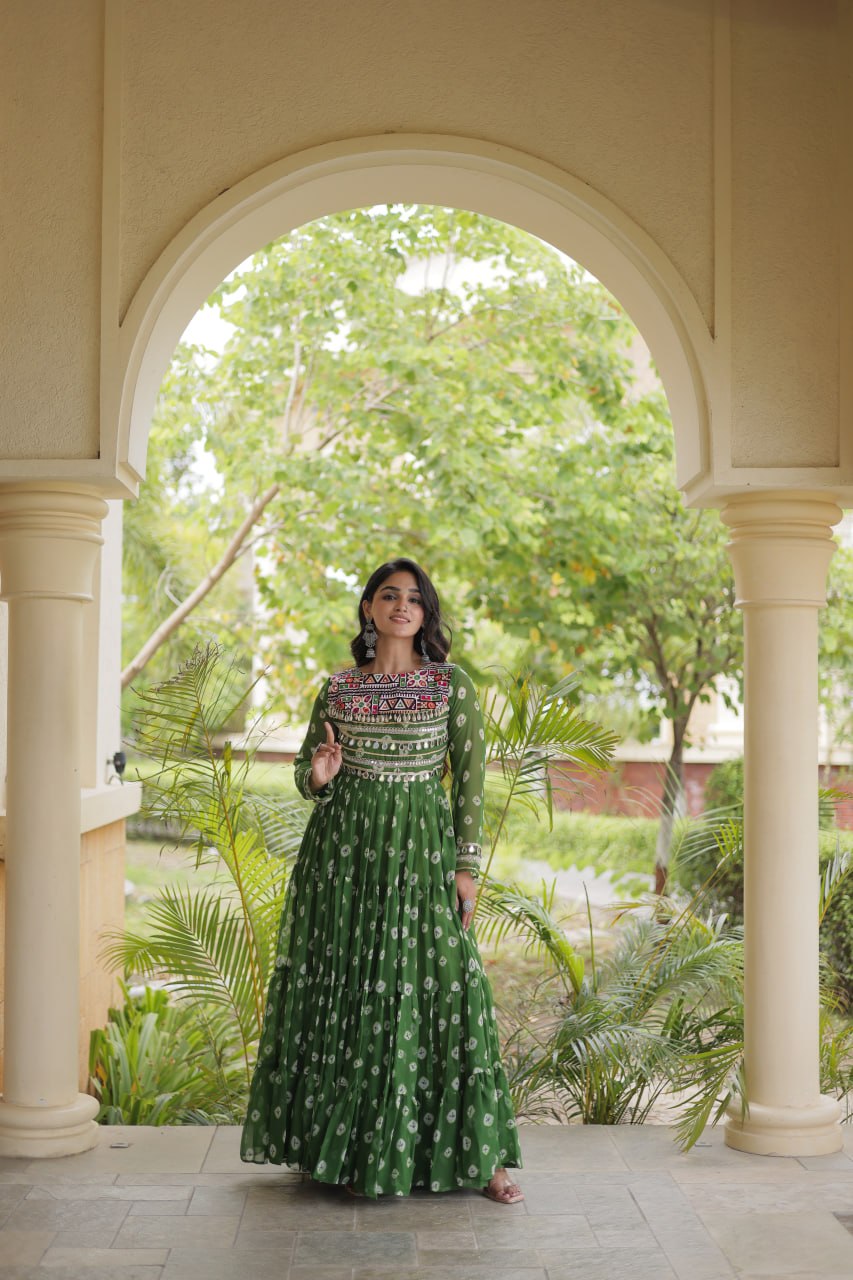 Green Bandhani Print Gown ClothsVilla