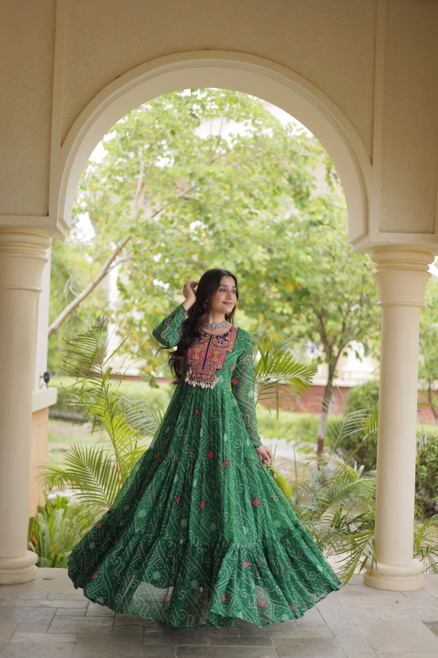 Green Bandhani Print Gown ClothsVilla