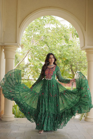 Green Bandhani Print Gown ClothsVilla