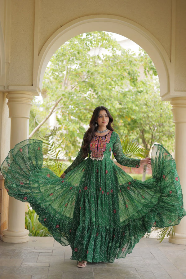 Green Bandhani Print Gown ClothsVilla