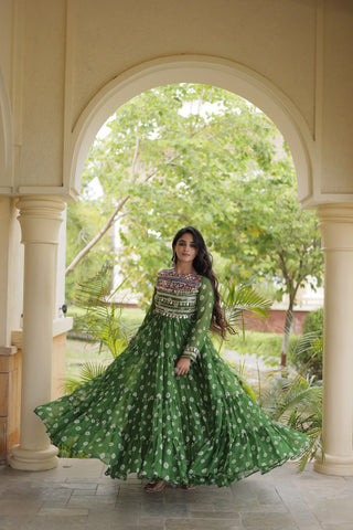 Green Bandhani Print Gown ClothsVilla