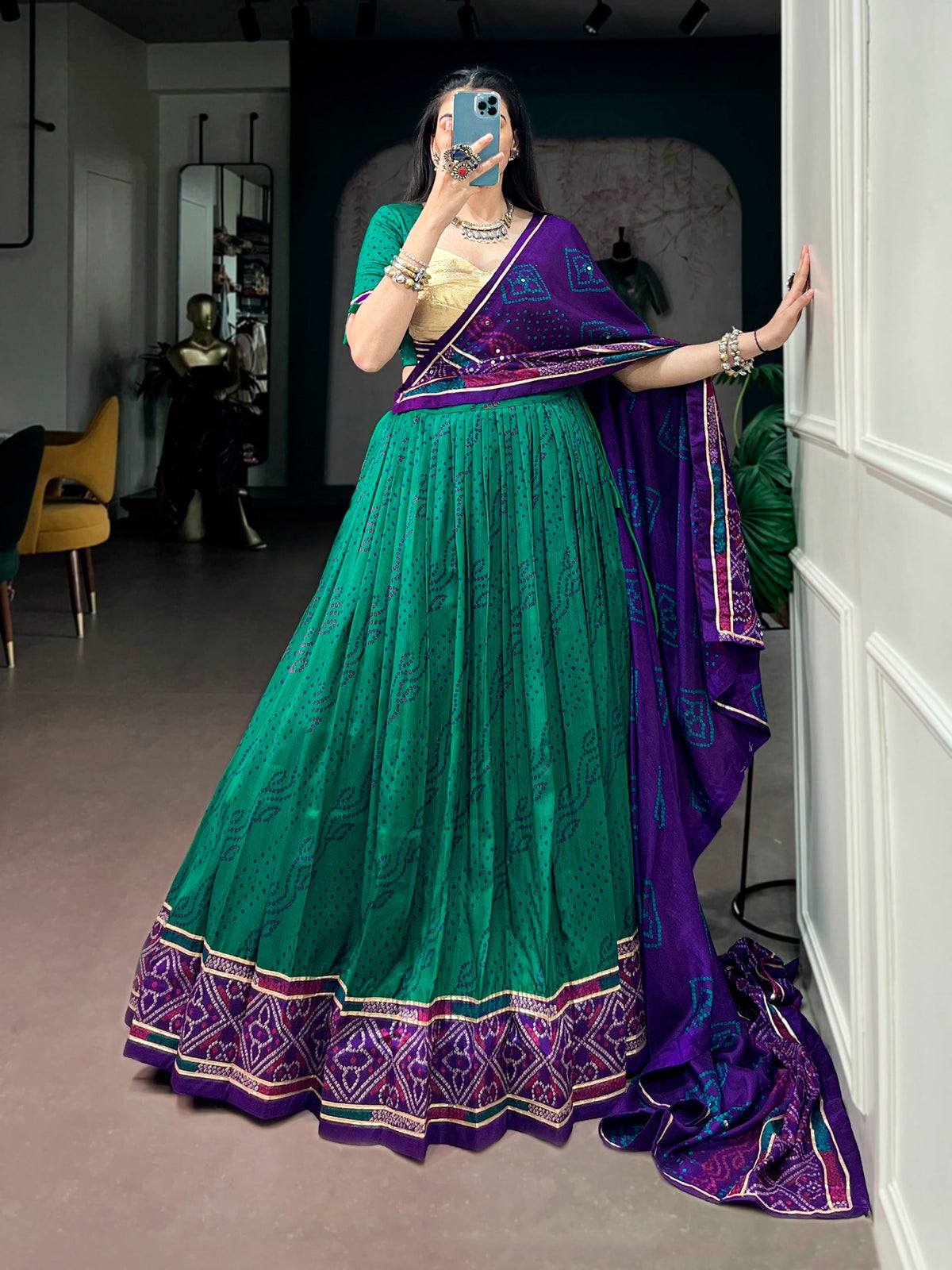 Green Bandhej Lehenga with Gotta Patti Lace ClothsVilla