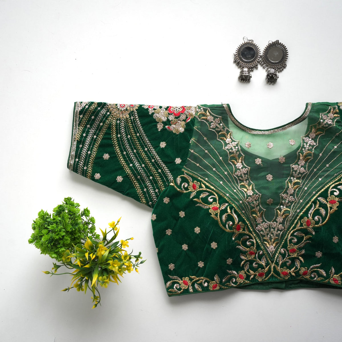 Green Blouse Taffeta Silk Blouse with Golden Embroidery and Sequin Touch ClothsVilla Main image