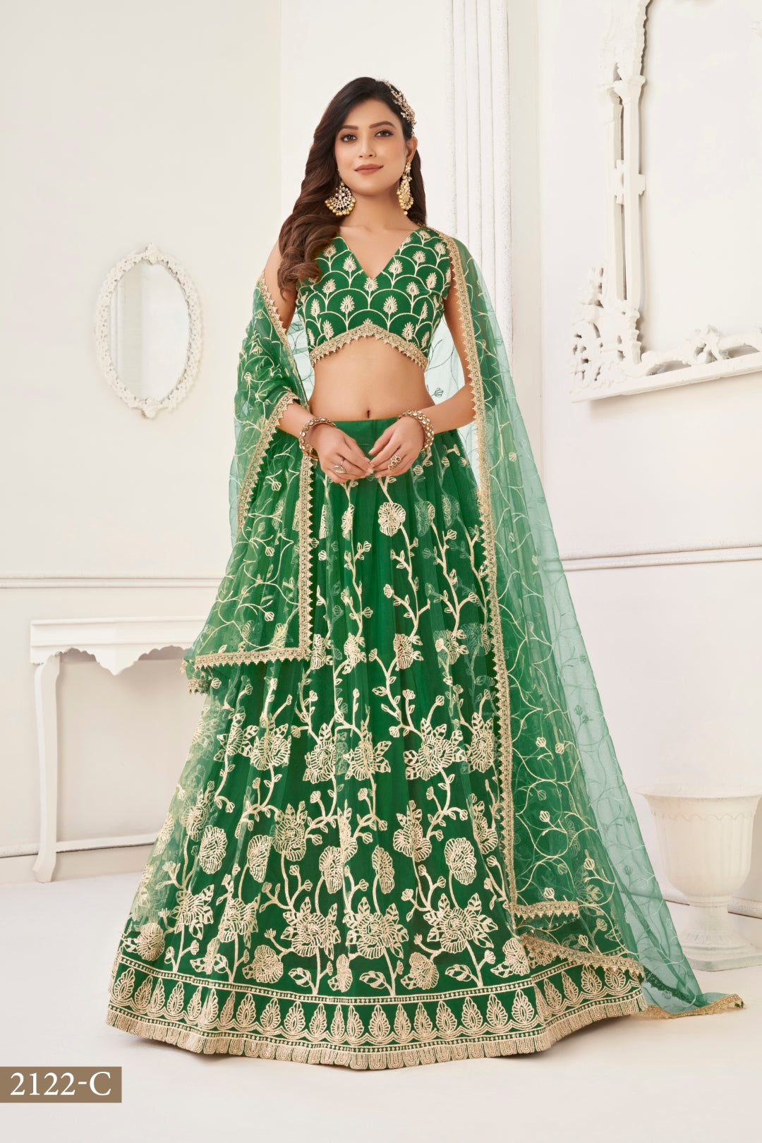 Green Butterfly Net Lehenga with White Cotton Thread Work and Sequence Embroidery Clothsvilla