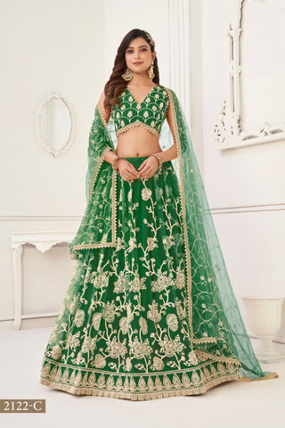 Green Butterfly Net Lehenga with White Cotton Thread Work and Sequence Embroidery Clothsvilla