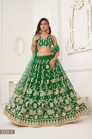Green Butterfly Net Lehenga with White Cotton Thread Work and Sequence Embroidery Clothsvilla