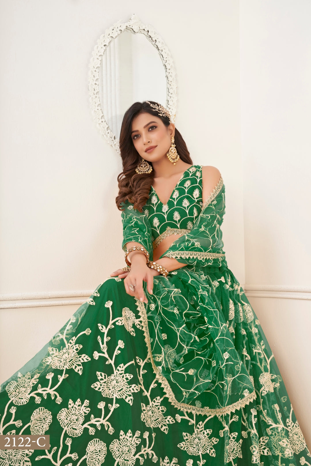 Green Butterfly Net Lehenga with White Cotton Thread Work and Sequence Embroidery Clothsvilla