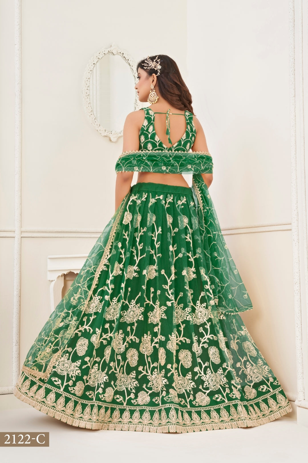 Green Butterfly Net Lehenga with White Cotton Thread Work and Sequence Embroidery Clothsvilla