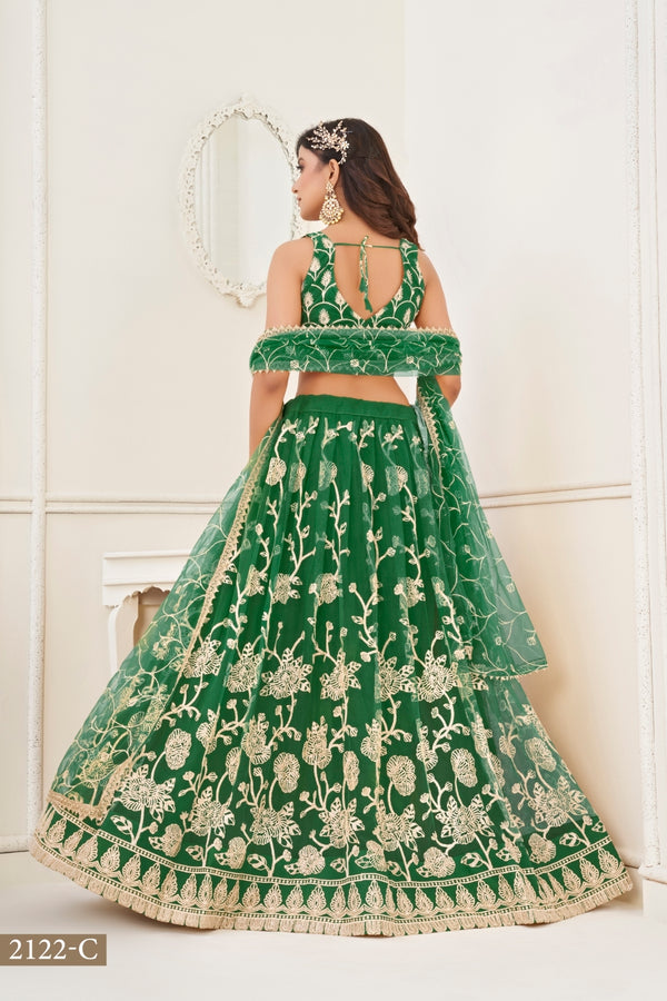Green Butterfly Net Lehenga with White Cotton Thread Work and Sequence Embroidery Clothsvilla