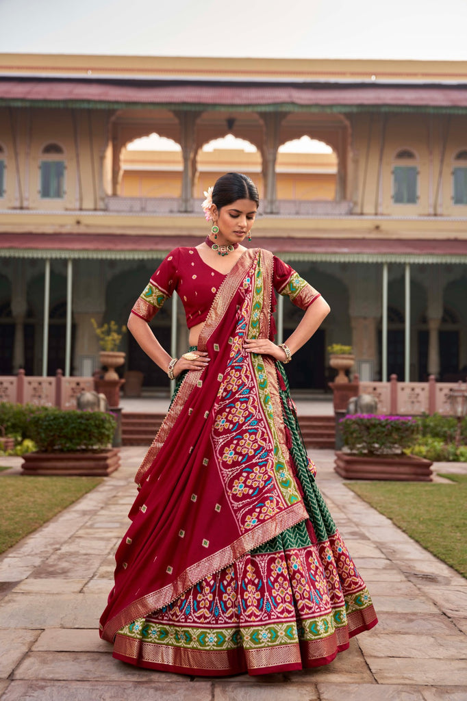 Buy HALFSAREE STUDIO Women Red and Green Embroidered Banarasi Silk and Net Lehenga  Choli with Dupatta Online at Best Prices in India - JioMart.