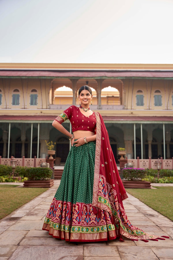 Green Captivating Tussar Silk Patola Printed Lehenga Choli Set ClothsVilla