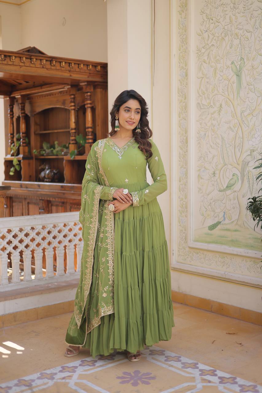 Green Captivating Unique Colored Faux Georgette Embroidered Gown with Sequined Dupatta ClothsVilla Main image