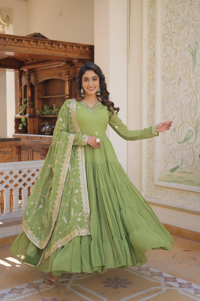Green Captivating Unique Colored Faux Georgette Embroidered Gown with Sequined Dupatta ClothsVilla