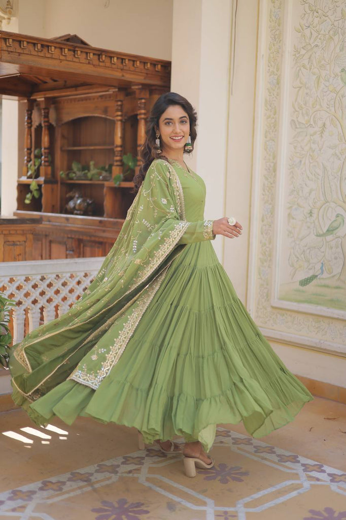 Green Captivating Unique Colored Faux Georgette Embroidered Gown with Sequined Dupatta ClothsVilla