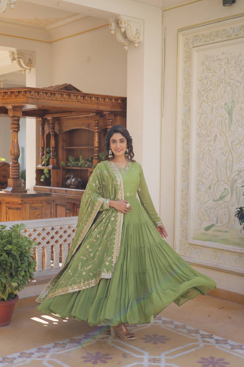 Green Captivating Unique Colored Faux Georgette Embroidered Gown with Sequined Dupatta ClothsVilla