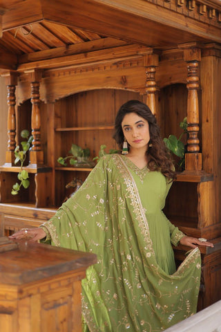 Green Captivating Unique Colored Faux Georgette Embroidered Gown with Sequined Dupatta ClothsVilla